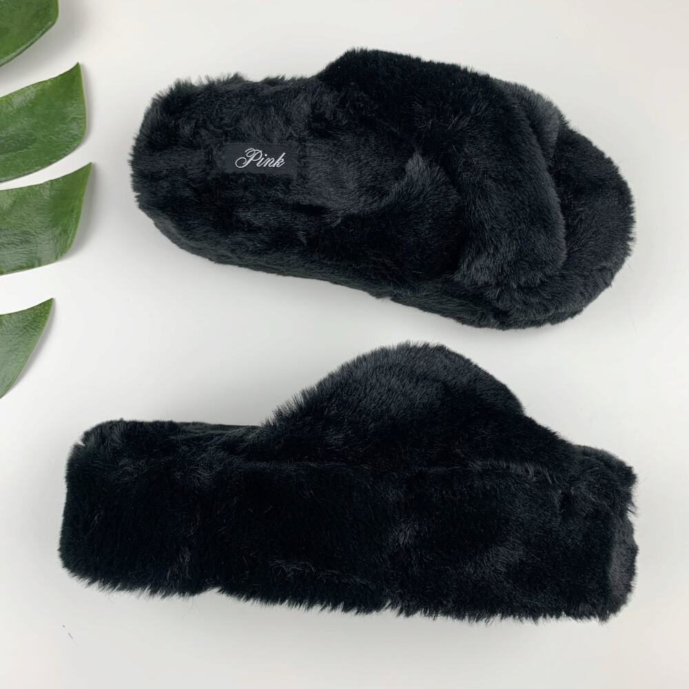 Pink Victorias Secret Faux Fur Platform Slippers Black Slip On Women's S 5 6
